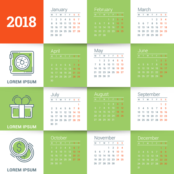 Grün mit weißen Kalenderschablonenvektoren des Kalenders 2018  
