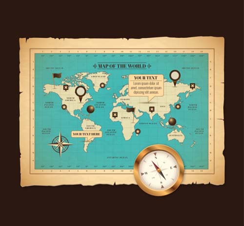 Retro world map and compass vector  