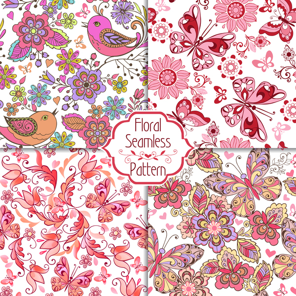 Set of floral seamless pink patterns with birds with butterflies and hearts vector  