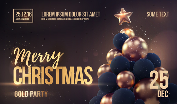 brown xmas party flyer template with balloon christmas tree vector 02  