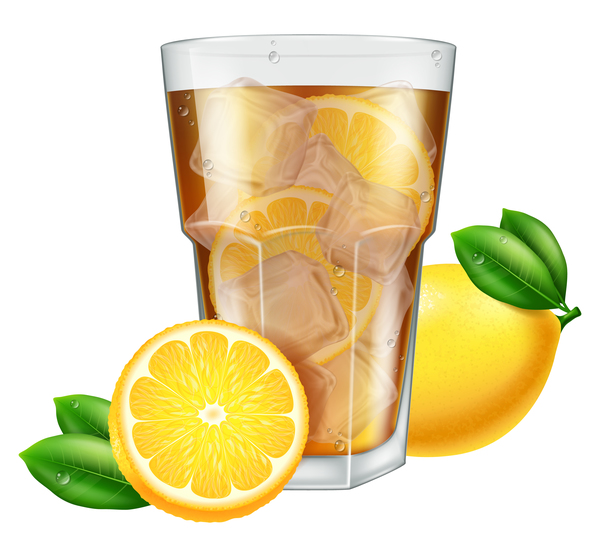 limone con tè e cubetti di ghiaccio vettore  