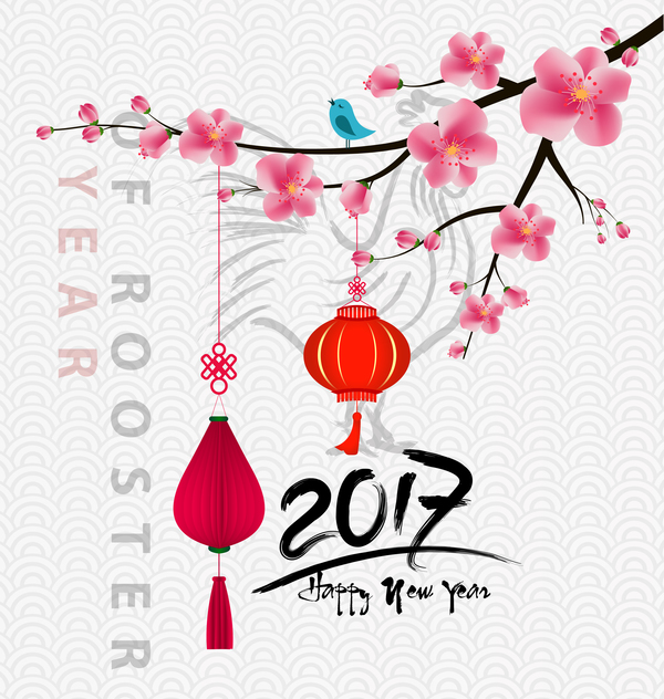2017 chinese new year of rooster with flowers vector 01  