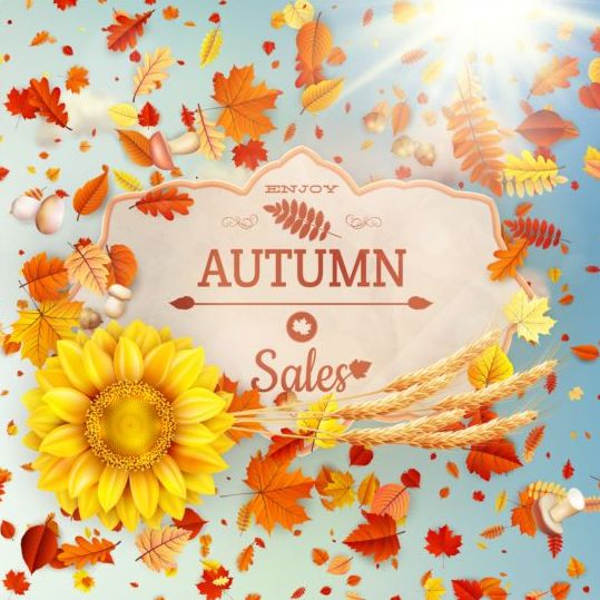 Herbstverkaufsetiketten mit Sonnenblume und Blättergrundvektor 05  