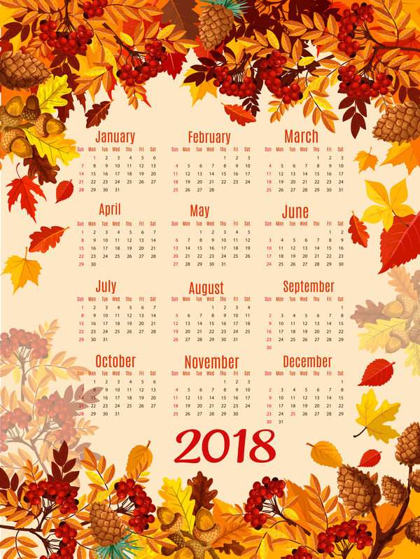 Autumn styles 2018 calendar template vector 04  