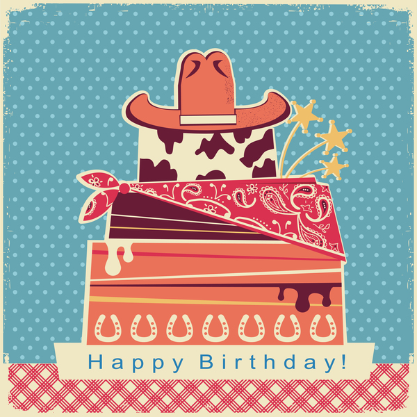 Birthday color card with cake and hat vector  