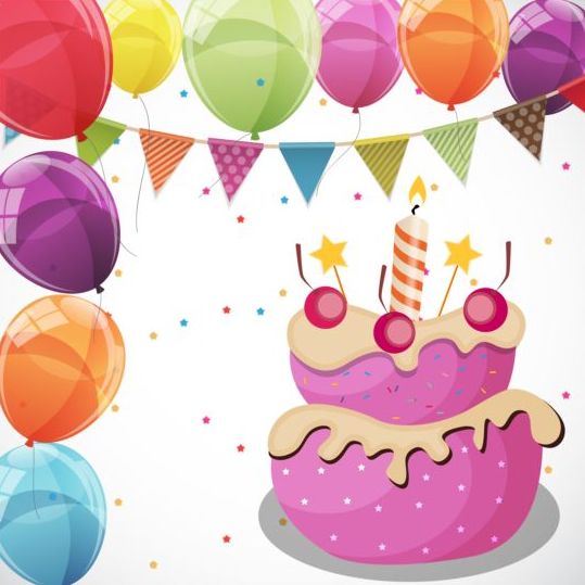 Cartoon birthday cake with color balloons vectors 01  