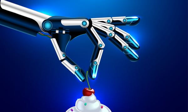 Cherry ice cream with robot hand vector  