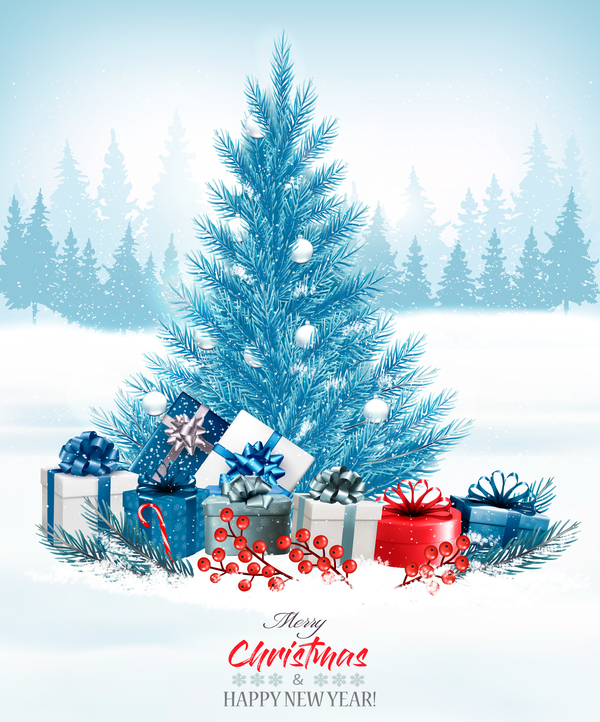 Christmas background with colorful gift boxes and blue tree vector  
