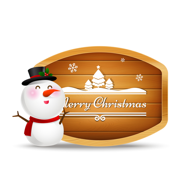 Bonhomme de neige de Noël et panneau en bois avec le texte joyeux Noël vecteur  