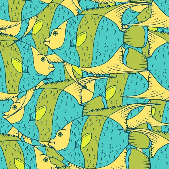 サンゴ礁の魚たち手の描かれたベクターのシームレスなパターン 02  