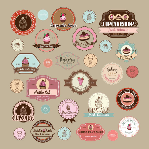 Cup cake badge with labels retro vector 13  