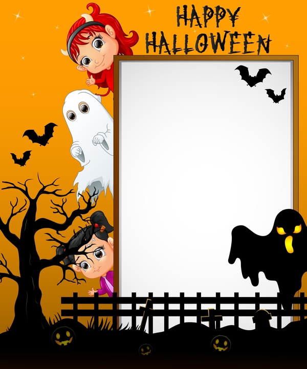 Nette Kinder mit Halloween-leerem Hintergrundvektor 13  