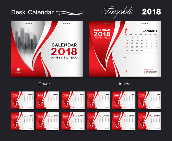 Bureau calendrier 2018 modèle couverture rouge conception vecteur 03  