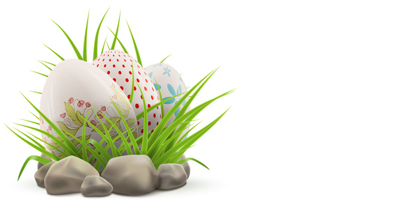 Easter postcard with decorated eggs and green grass vector 01  