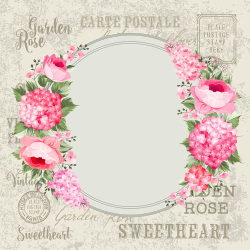 Flower with stamp vintage vectors material 07  