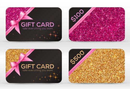 Glitter gift cards with bow vector set 01  