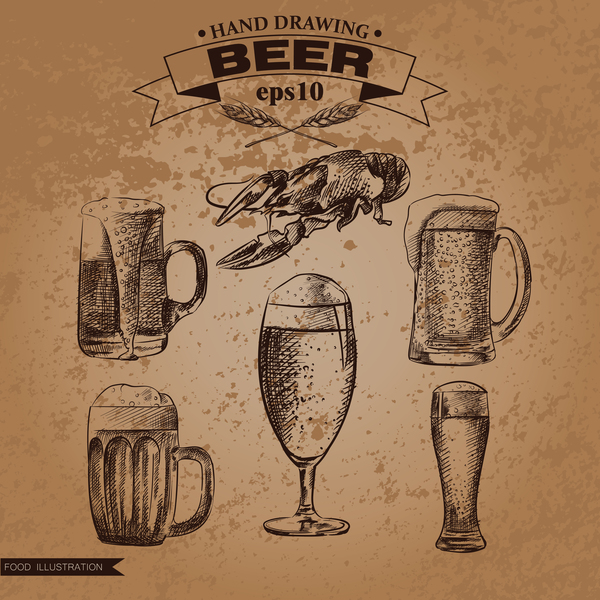 Grunge background and hand drawing beer vectors 06  