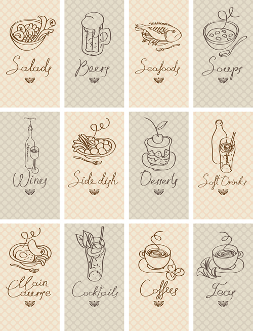 Hand drawn food cards design material  