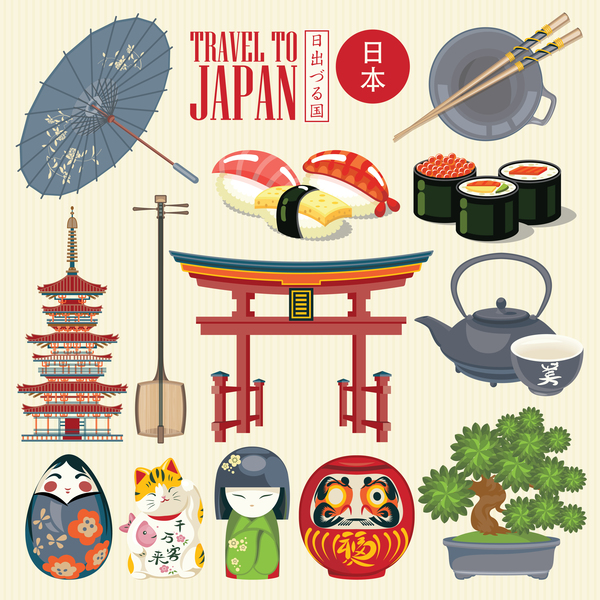 Japanische Reisesehenswürdigkeiten mit kulturellem Vektor 03 der Traditionen  