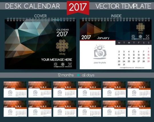 Ретро Настольный календарь 2017 Векторный шаблон 16  