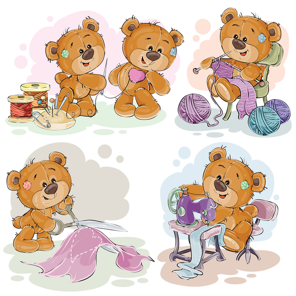 Set of cute teddy dear vector material 01  