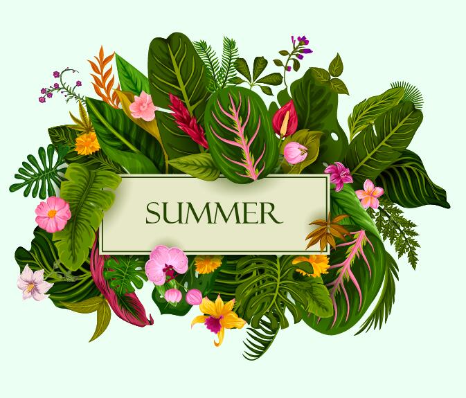 Sommer Hintergrund mit tropischen Pflanzen und Blumen Vektor 11  