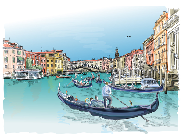 ヴェネツィア イタリア風景手描画ベクトル 05  