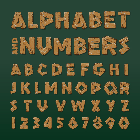 アルファベット ベクトルとヴィンテージの木製数  