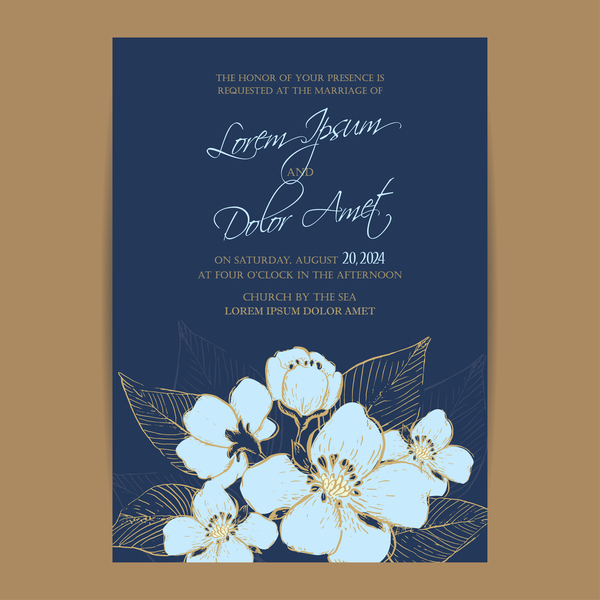 ネイビー ブルー花ベクトル 05 結婚式の招待  