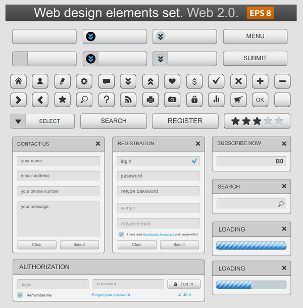 White web menu elements with button vector 01  