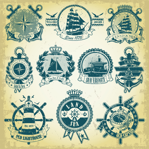 land and sea labels vintage style vector 04  