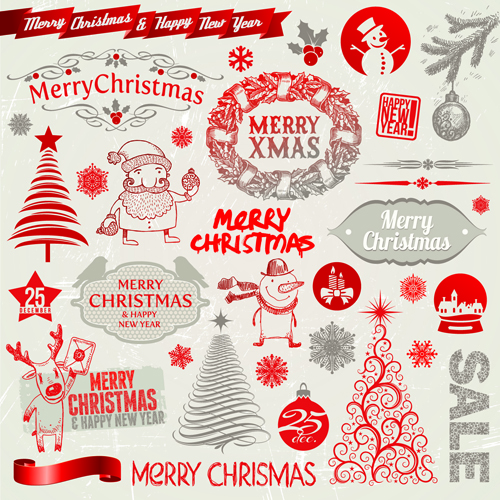 2014 New Year and Christmas labels with decor vector 02  