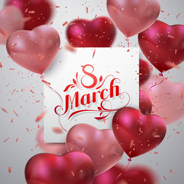 Carte de jour de womens 8 mars avec le vecteur de ballons de forme de coeur 02  