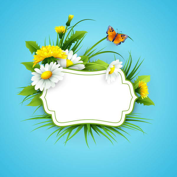 Blue spring background with flower label vector 04  