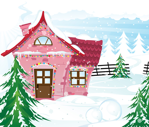 Cartoon house with winter landscape vector 02  
