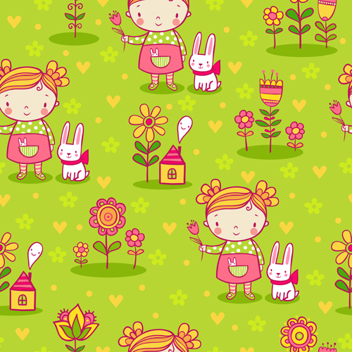 Cartoon kids with floral seamless pattern vector 02  