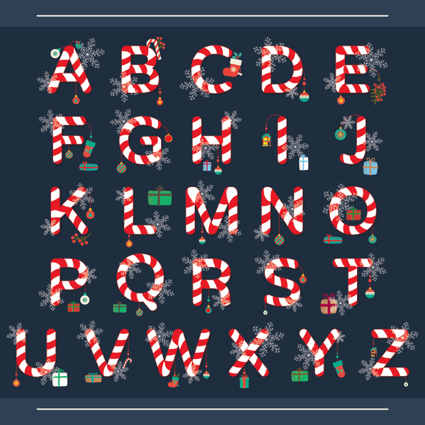 Weihnachtsbaumkugeln mit alphabetem Vektorset  