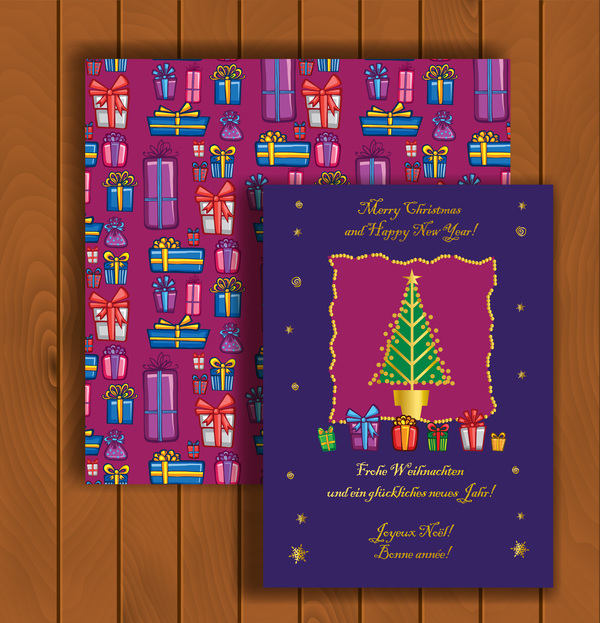Cartoline di Natale e buste con vettore di sfondo in legno 17  