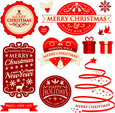 Christmas labels with badge and ribbon vector  