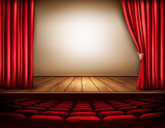 Cinema background with red curtain and hand vector  
