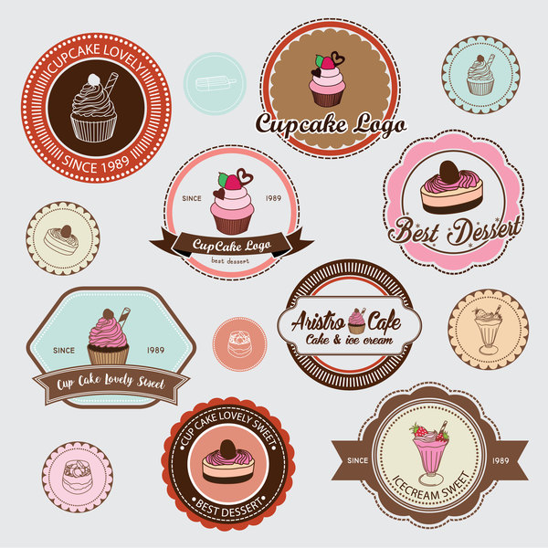 Cup cake badge with labels retro vector 03  