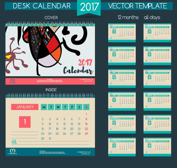 Bureaukalender 2017 vector retro template 09  