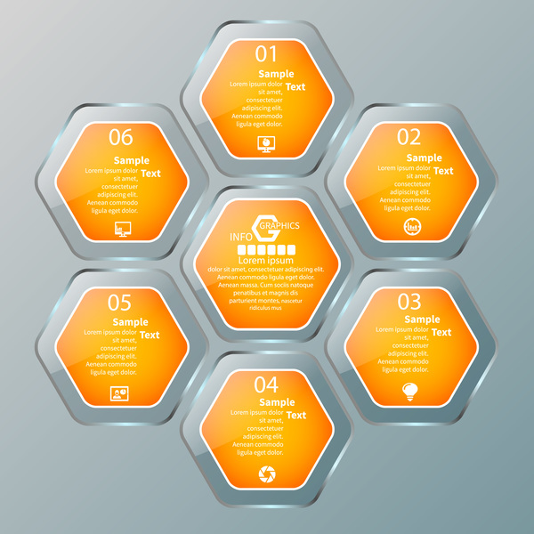 Glasstrukturierter infographic Schablonenvektor 01 des Hexagons  