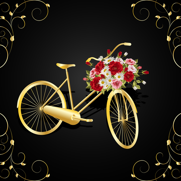 フラワー バスケット ベクター 01 と黄金の自転車  