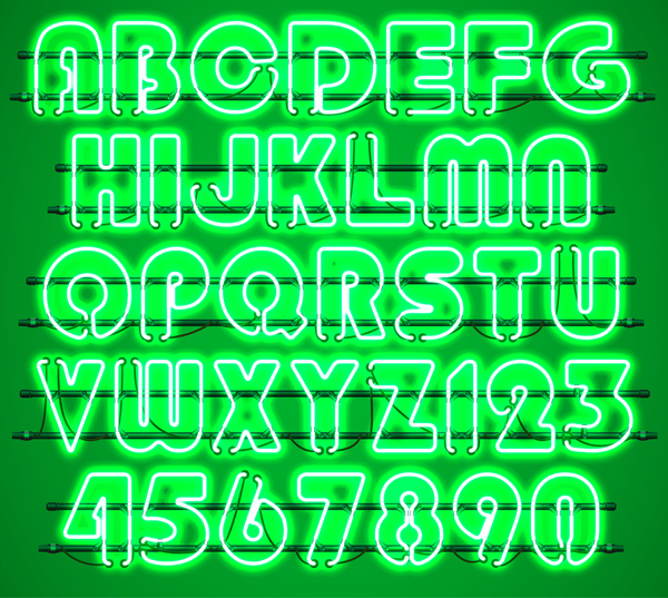 数値ベクトル 02 では緑のネオン、アルファベット  