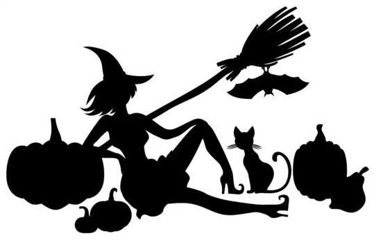 Halloween heks met pompoen silhouet vector  