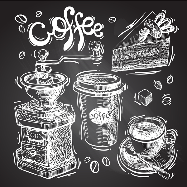 手描きコーヒーのスケッチ要素ベクトル 09  