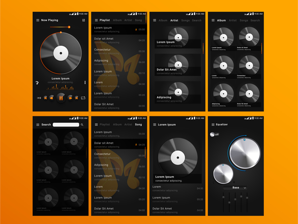 Mobile music app UI dark styles vector  