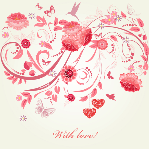 Pink floral with heart vector material  