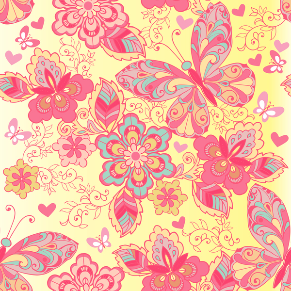 Pink seamless pattern of butterflies and flowers vector  